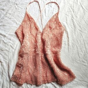 Express Sequins Lined Babydoll Peach Sleeveless Sheer Blouse
